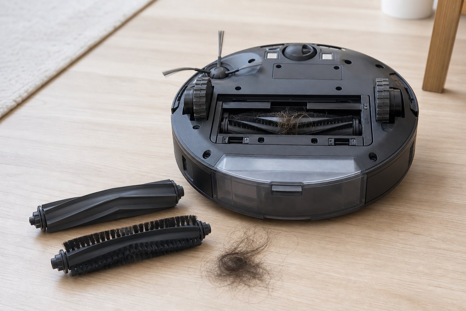 Geöffneter Saugroboter mit Hauptbürsten, Seitenbürste und Haarverwicklung