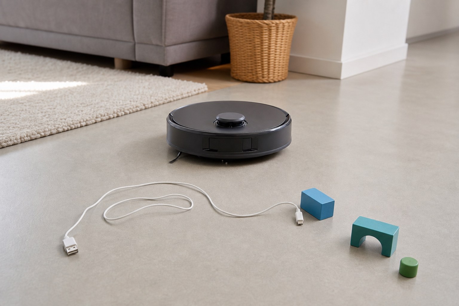 Saugroboter fährt auf Ladekabel und kleines Spielzeug in einem Wohnzimmer zu
