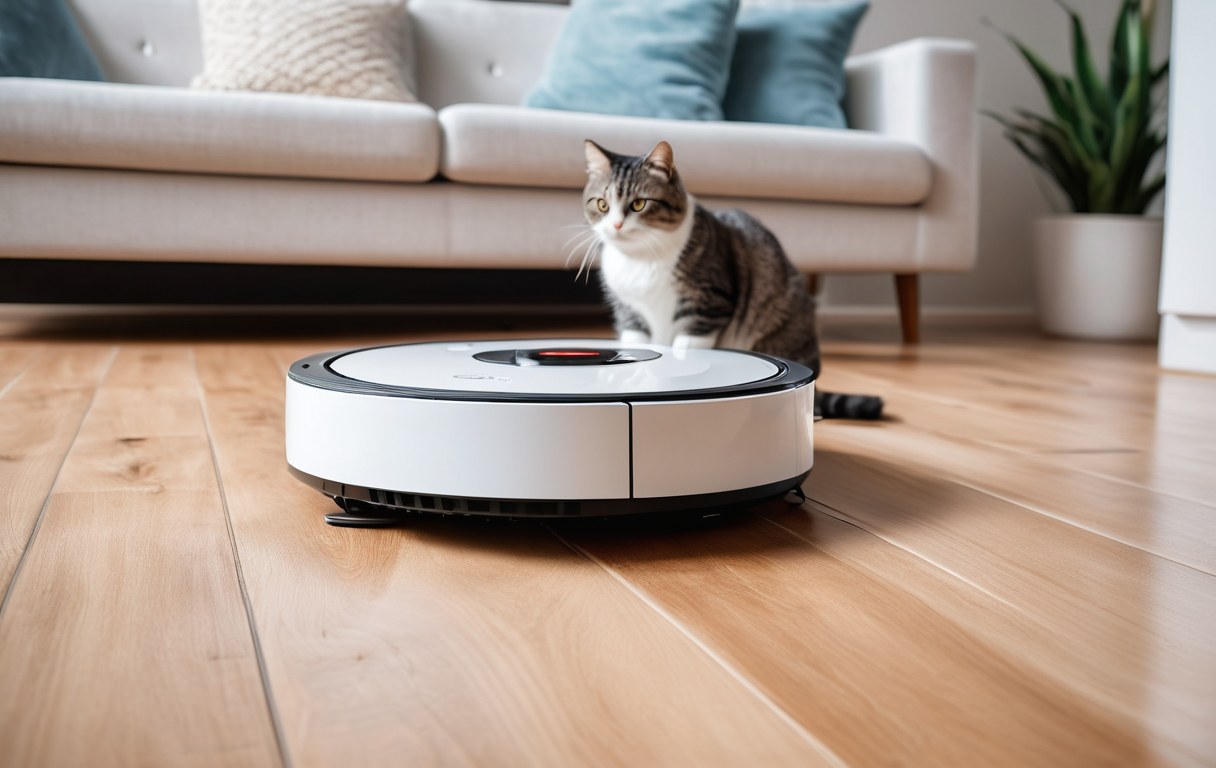 Saugroboter saugt Tierhaare neben einer Katze auf dem Boden