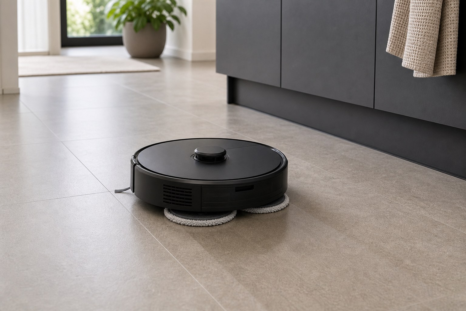 Saug-Wisch-Roboter wischt Hartboden mit zwei rotierenden Mopps